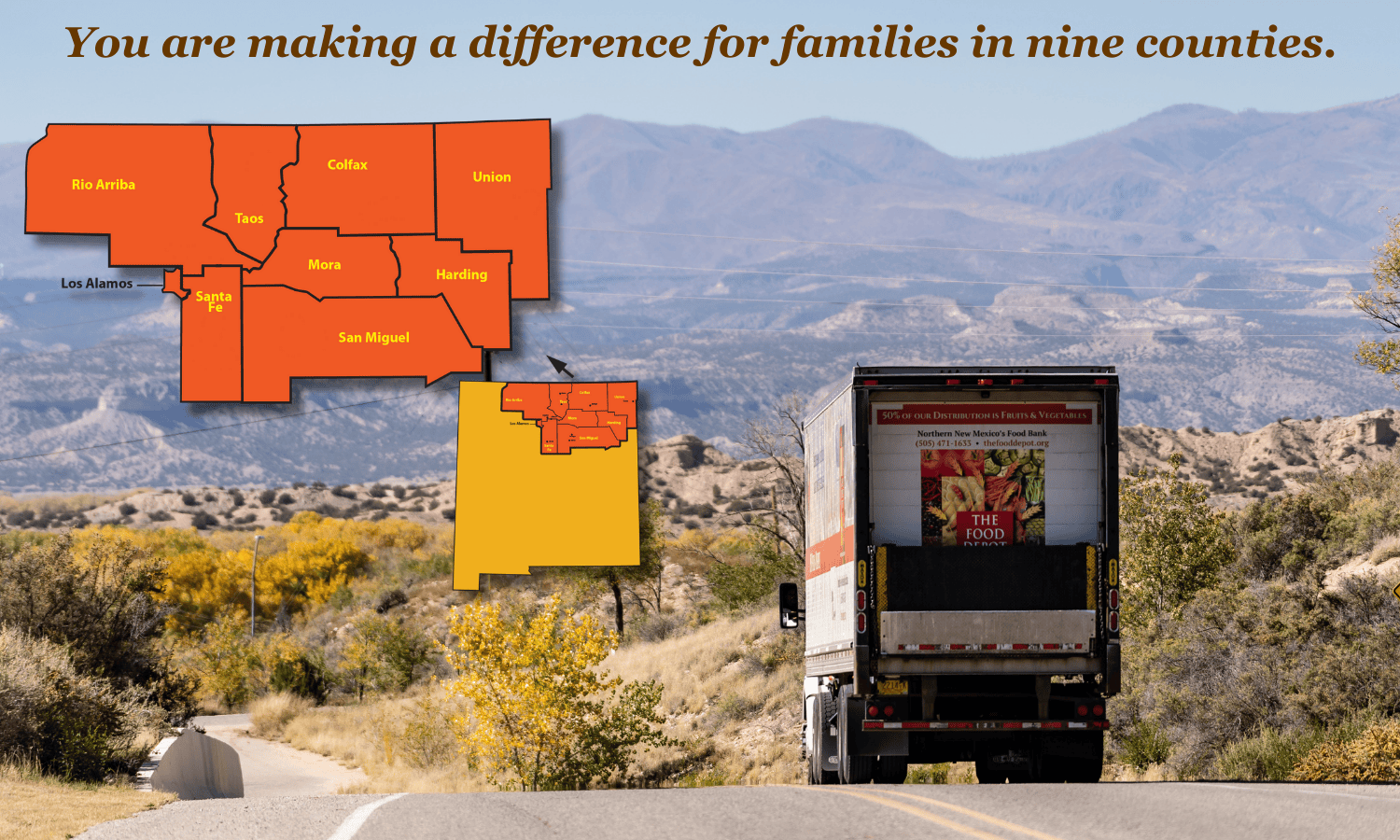 The Food Depot truck drives down a hill. In the distance, the Jemez Mountains.